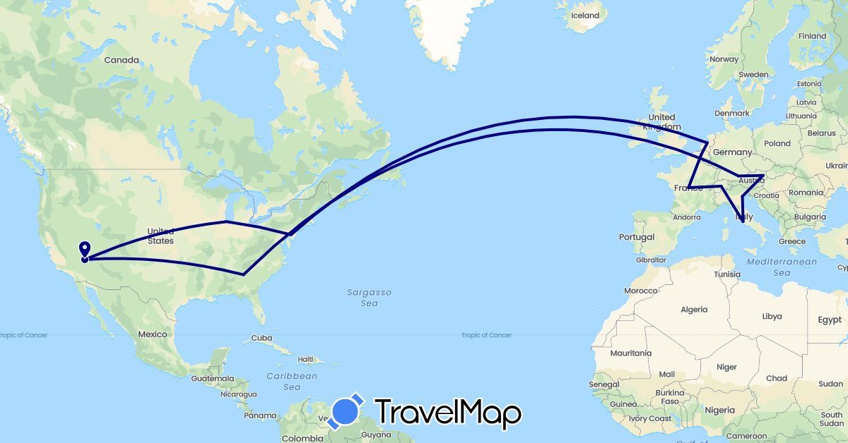 TravelMap itinerary: driving in Austria, Belgium, Switzerland, Germany, France, Italy, Netherlands, United States (Europe, North America)